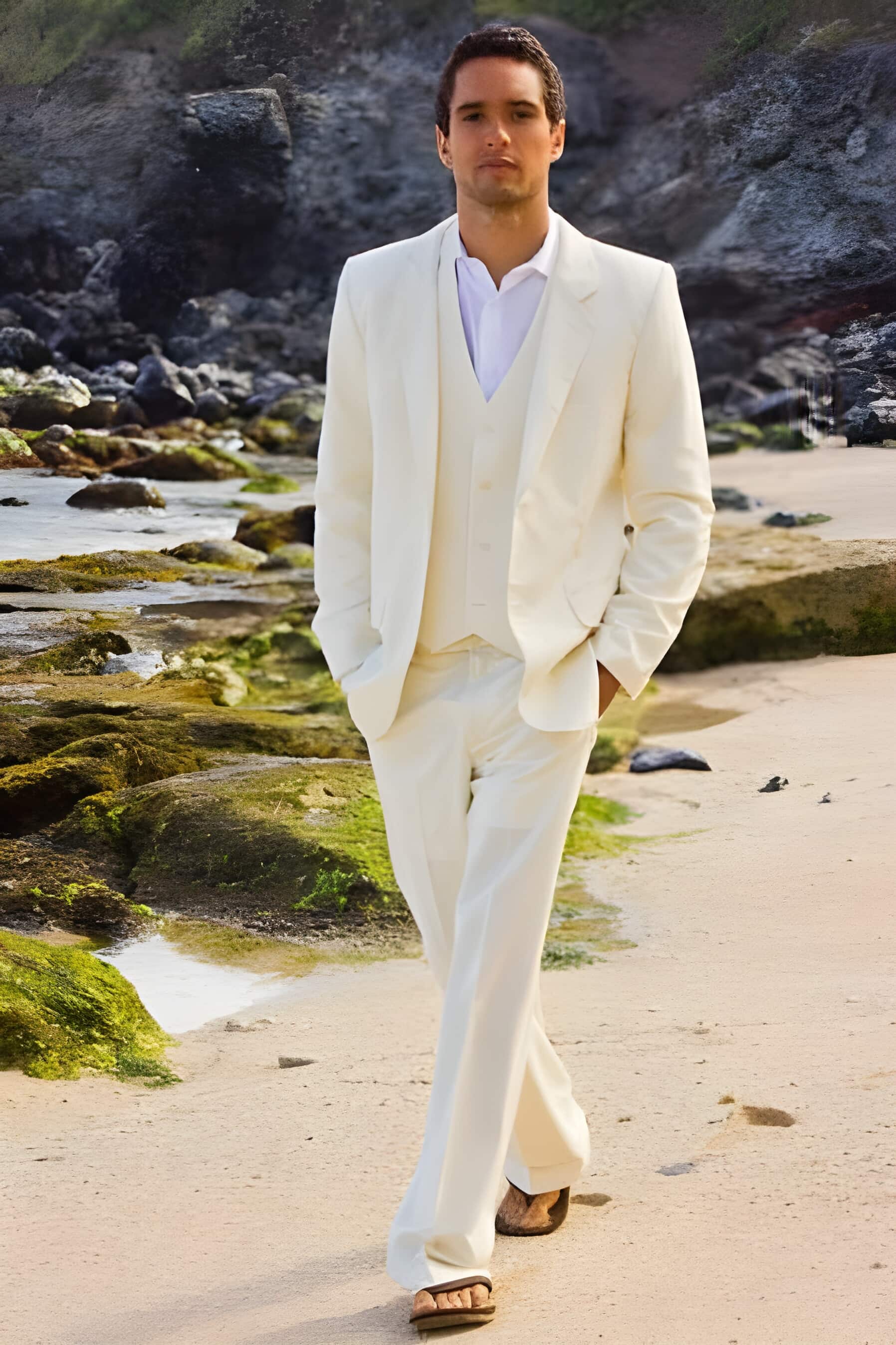 2 Button Ivory ~ Cream ~ Off White Vested 3 Piece Suits Light Wool Flat Front Pant