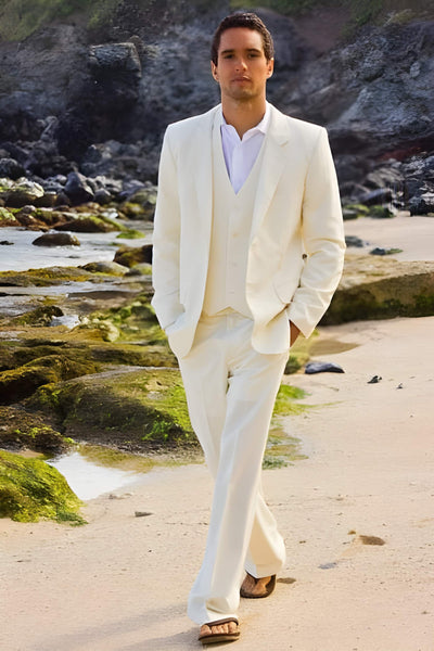 2 Button Ivory ~ Cream ~ Off White Vested 3 Piece Suits Light Wool Flat Front Pant