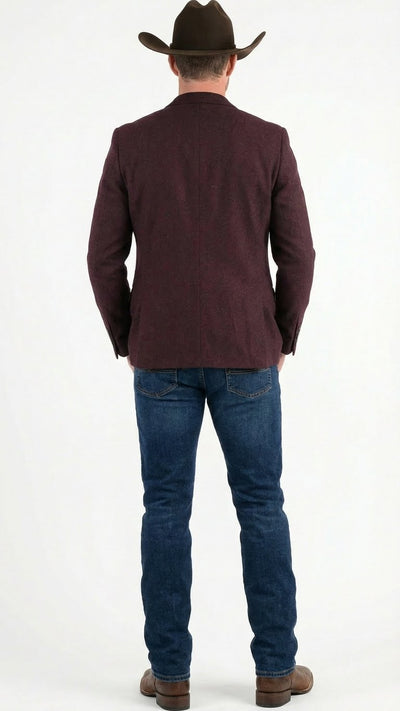 Men’s Burgundy Western  Blazer Jacket, Textured Cowboy Style Sport Coat for  - Tweed Herringbone Maroon Color