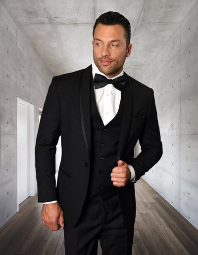 Shawl Lapel Tuxedo with Satin Trim - Black