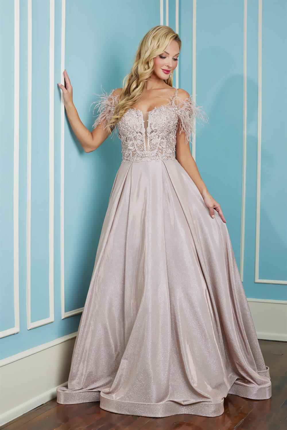 Adora Design 3128 Metallic Glitter Feather Off Shoulder Prom Gown