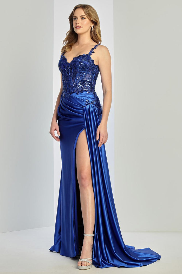 Adora Design 3257 Spaghetti Strap Pleated Applique Slit Prom Dress