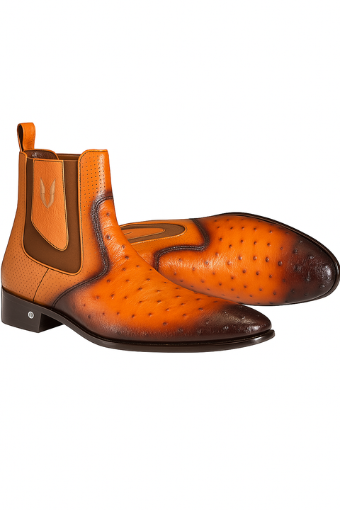 Handmade Faded Cognac Men's Vestigium Boots Genuine Ostrich Chelsea Boots