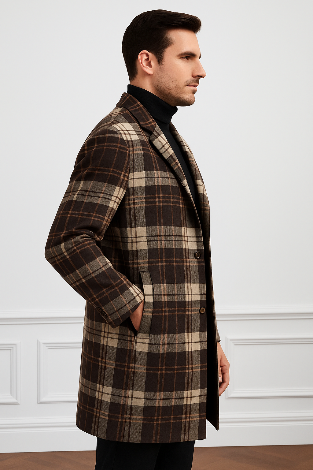 Plaid Wool Overcoat Brown & Camel Blend