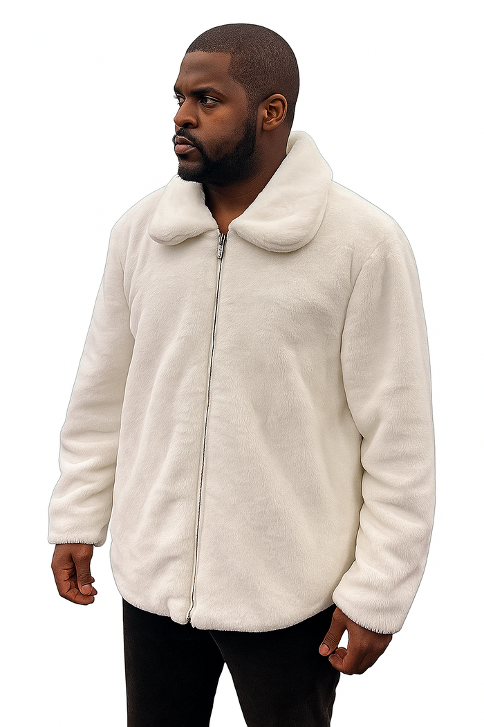 Men's White Fur Short Coat Full Zip