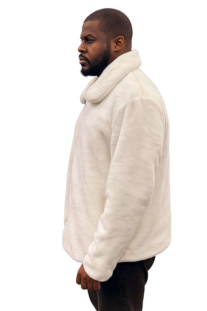 Men's White Fur Short Coat Full Zip