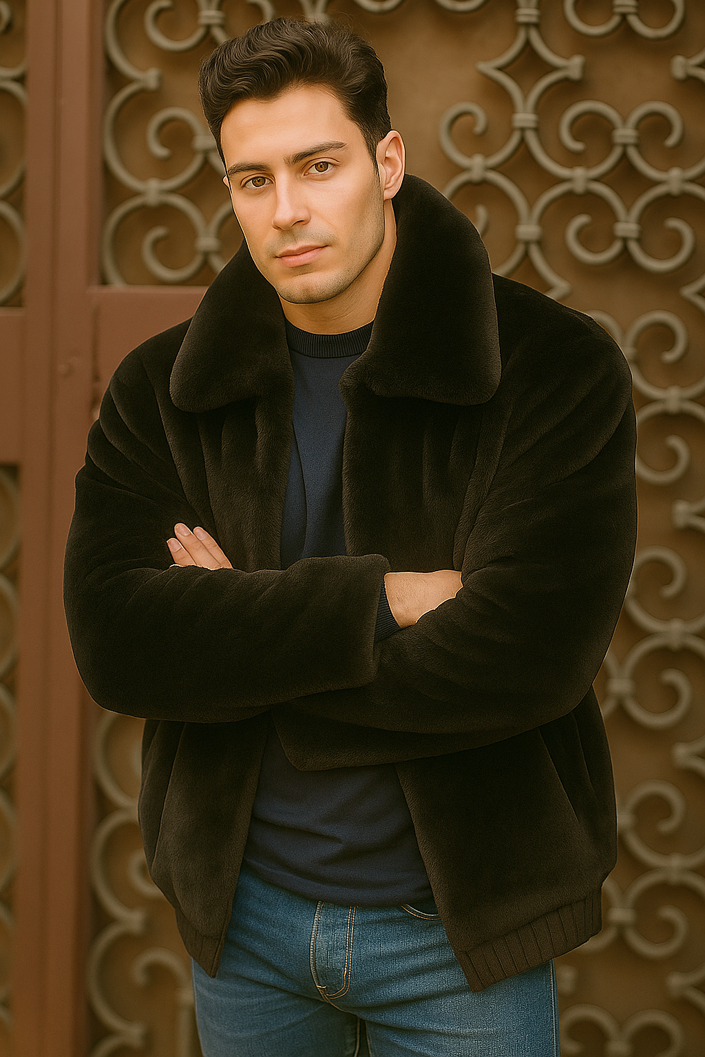 Men's Black Faux Fur Overcoat by Alberto Nardoni