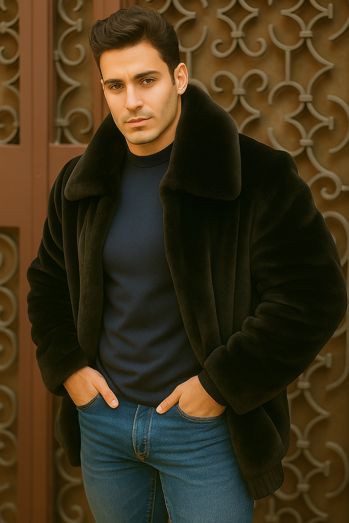 Men's Black Faux Fur Overcoat by Alberto Nardoni
