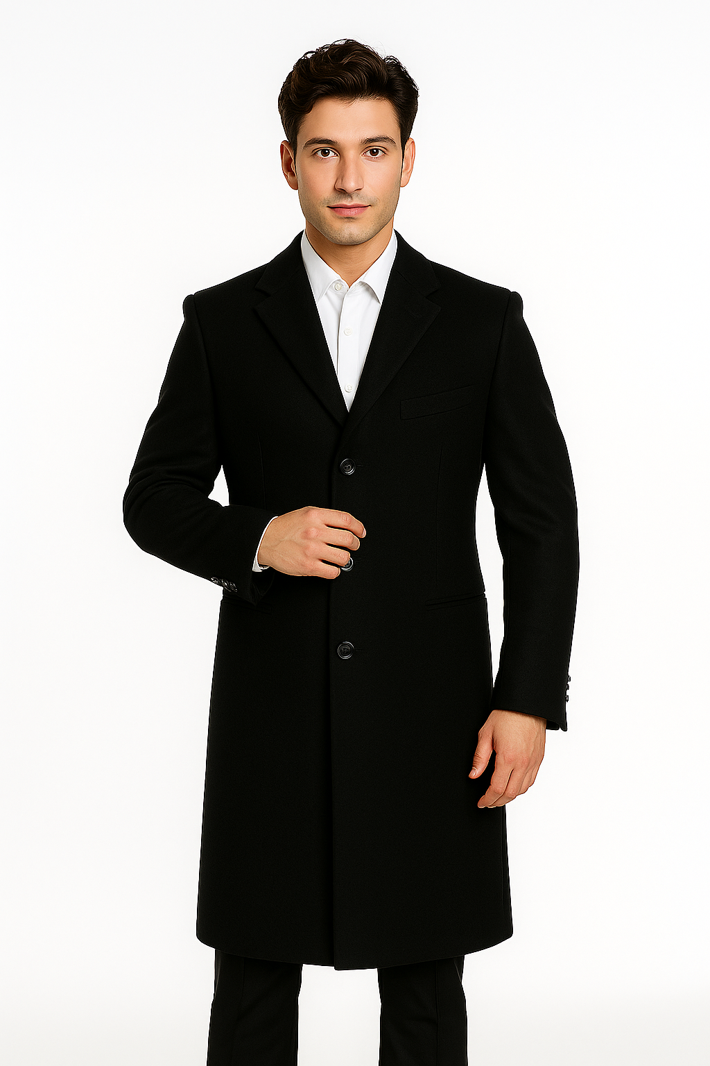 Men's Black Wool 3-Button Ankle Dress Coat