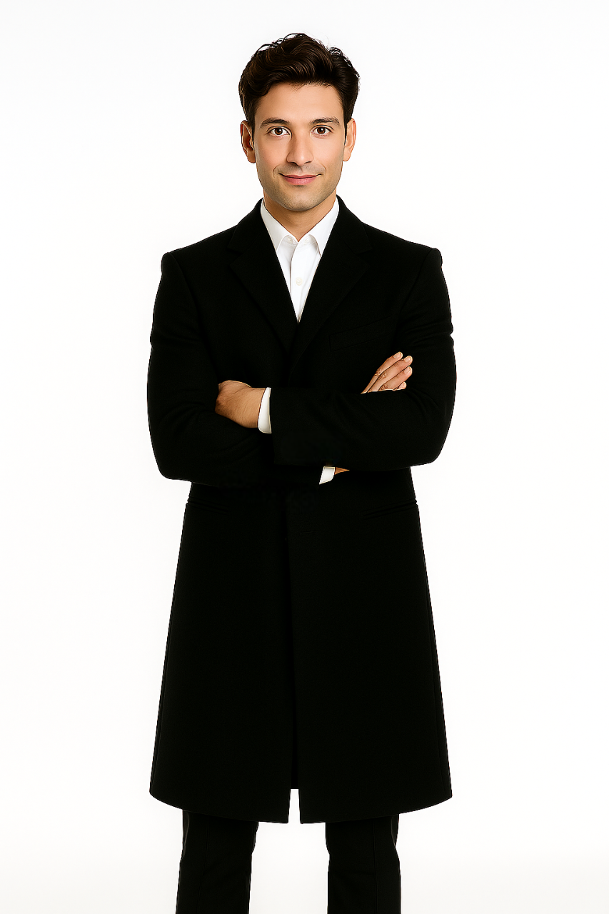 Men's Black Wool 3-Button Ankle Dress Coat