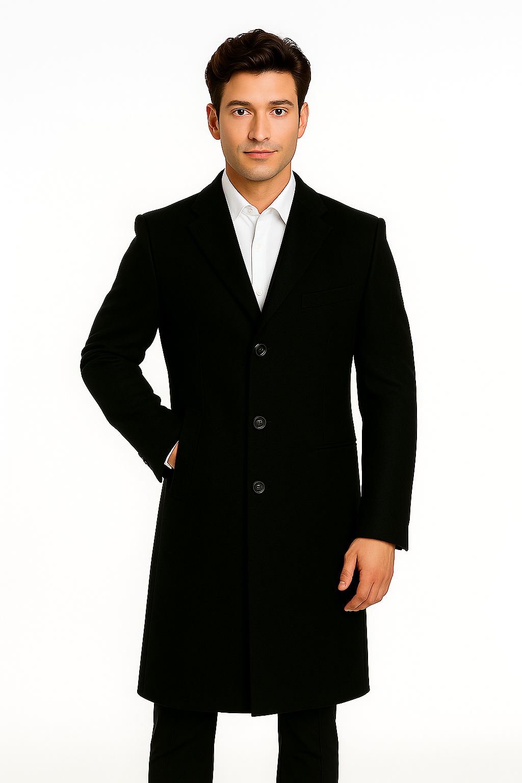 Men's Black Wool 3-Button Ankle Dress Coat