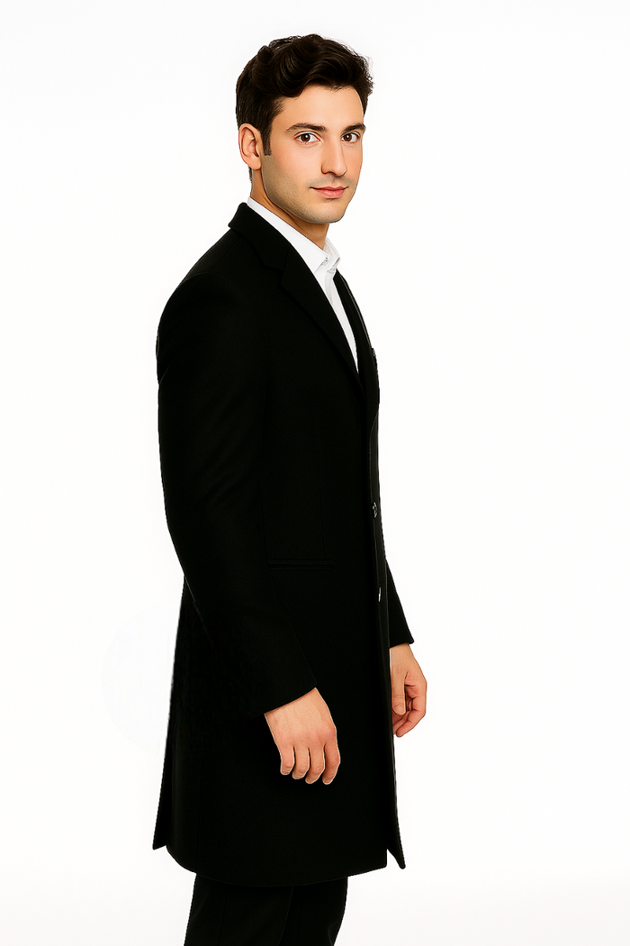 Men's Black Wool 3-Button Ankle Dress Coat