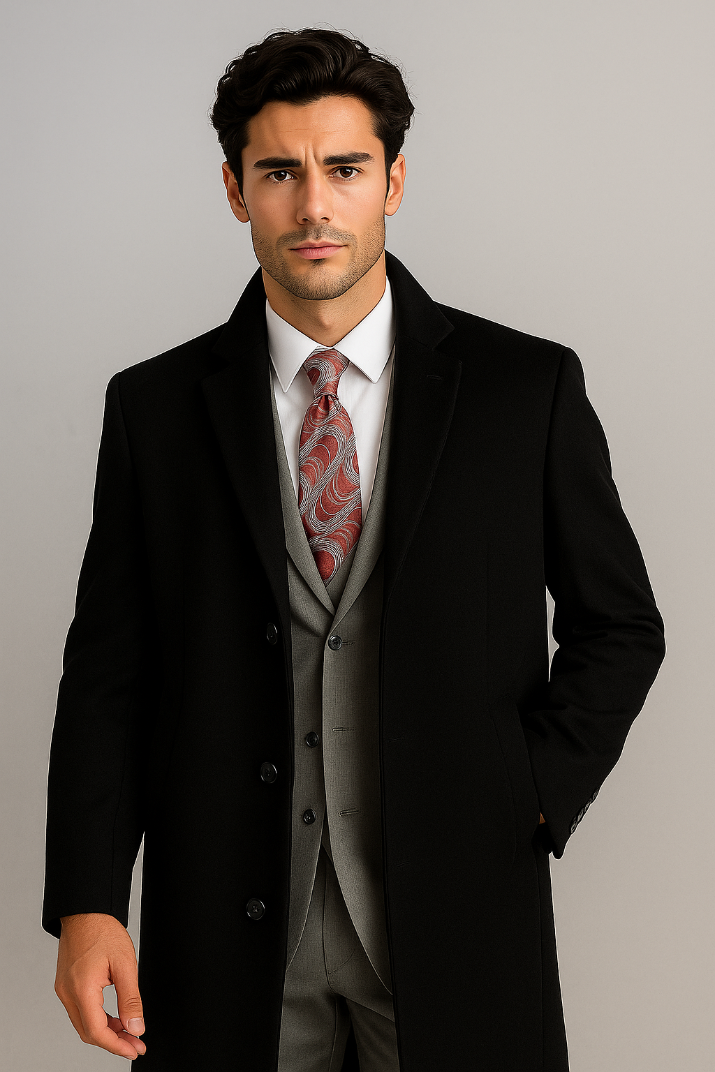 Men's Black Wool & Cashmere Full Length Overcoat