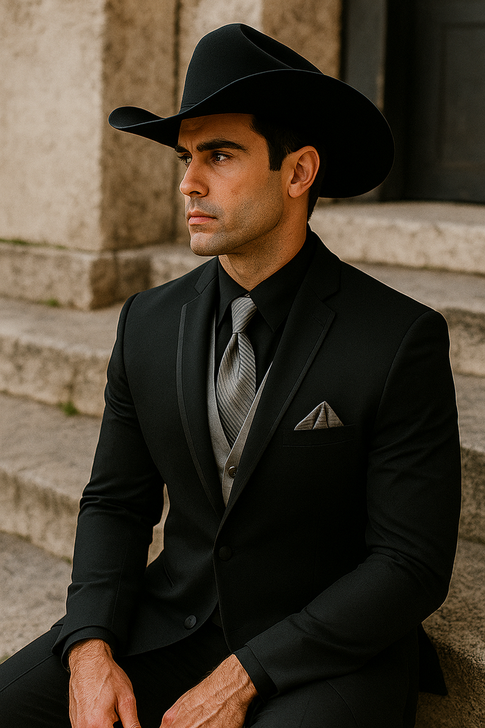 Black Western Tuxedo with Silver Vest & Hat - Slim Fit