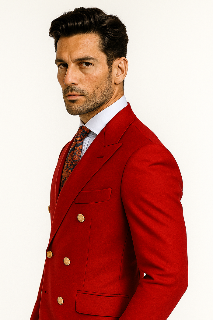 Double Breasted Blazer with Gold Buttons - Red Sport Coat