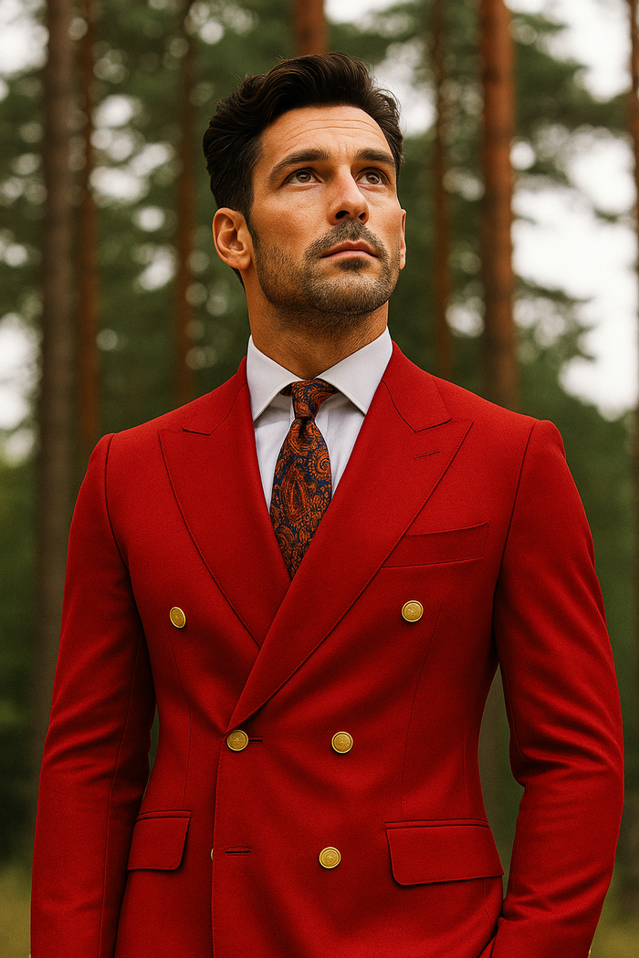 Double Breasted Blazer with Gold Buttons - Red Sport Coat