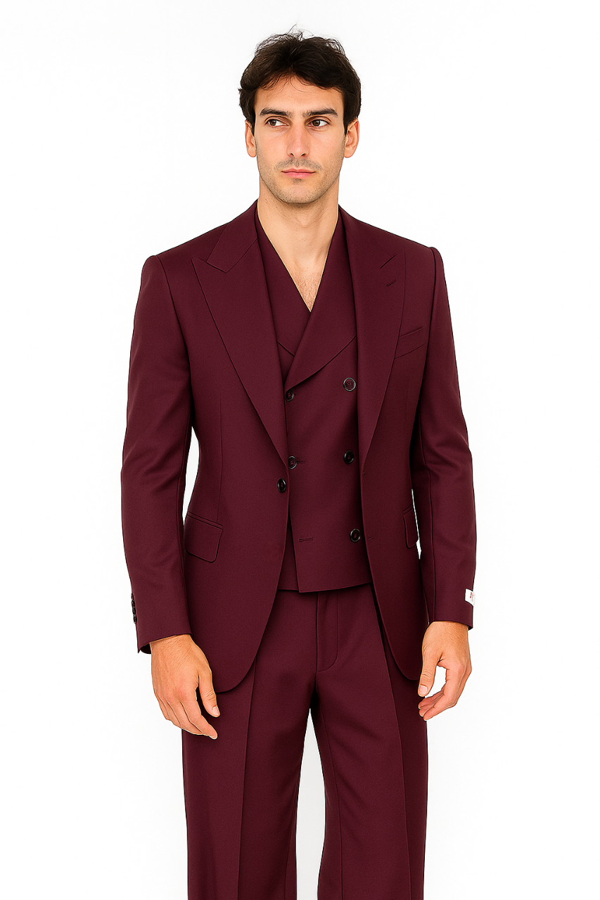 Tiglio Rosso Suit  - Classic Fit Athletic Cut 100% Wool Super 150s Italian Fabric Peak Lapel in Color Burgundy