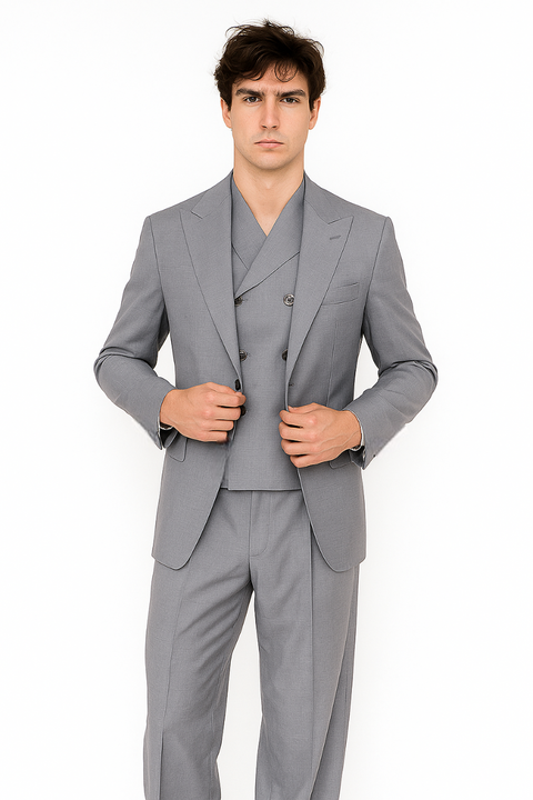 Tiglio Rosso Suit  - Classic Fit Athletic Cut 100% Wool Super 150s Italian Fabric Peak Lapel in Color Light Gray