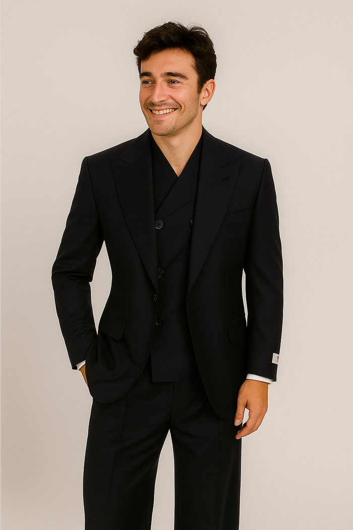 Tiglio Rosso Suit  - Classic Fit Athletic Cut 100% Wool Super 150s Italian Fabric Peak Lapel in Color Navy