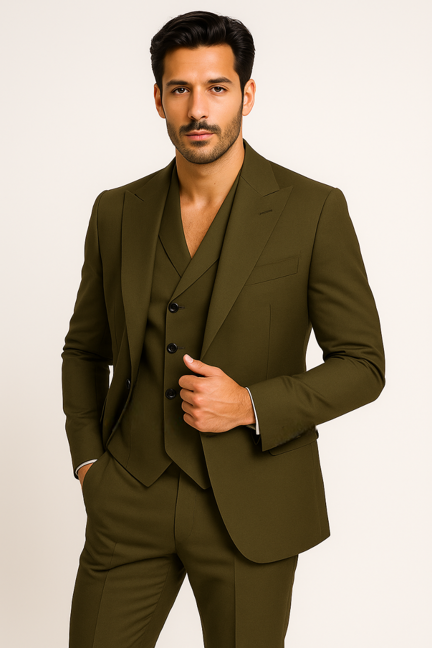 Tiglio Rosso Suit  - Classic Fit Athletic Cut 100% Wool Super 150s Italian Fabric Peak Lapel in Color Olive