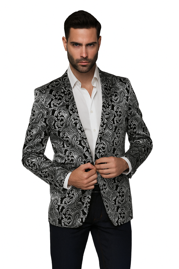 Alberto Nardoni Paisley Floral Tuxedo Matching Fashion Bow Tie Sport Coat Silver Gray Grey
