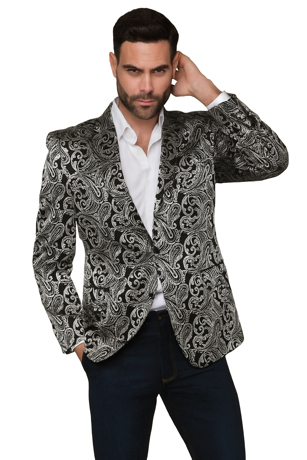 Alberto Nardoni Paisley Floral Tuxedo Matching Fashion Bow Tie Sport Coat Silver Gray Grey