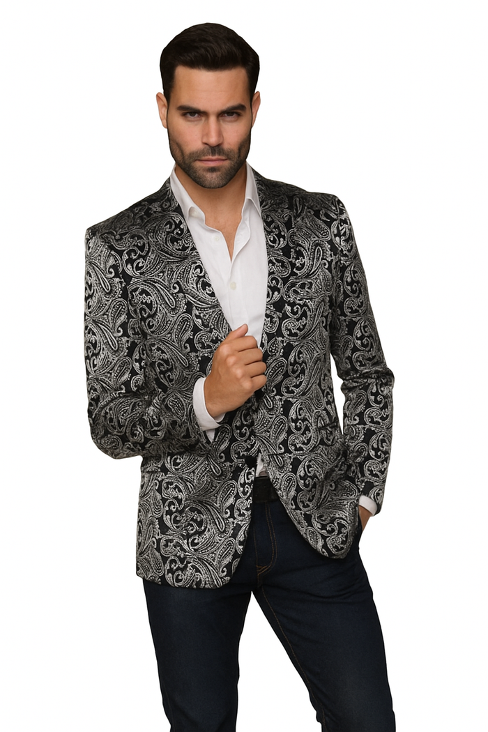 Alberto Nardoni Paisley Floral Tuxedo Matching Fashion Bow Tie Sport Coat Silver Gray Grey