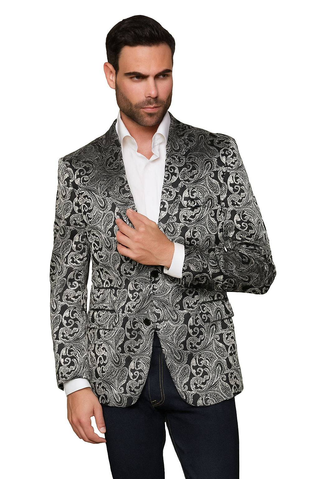 Alberto Nardoni Paisley Floral Tuxedo Matching Fashion Bow Tie Sport Coat Silver Gray Grey