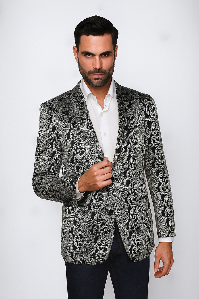 Alberto Nardoni Paisley Floral Tuxedo Matching Fashion Bow Tie Sport Coat Silver Gray Grey