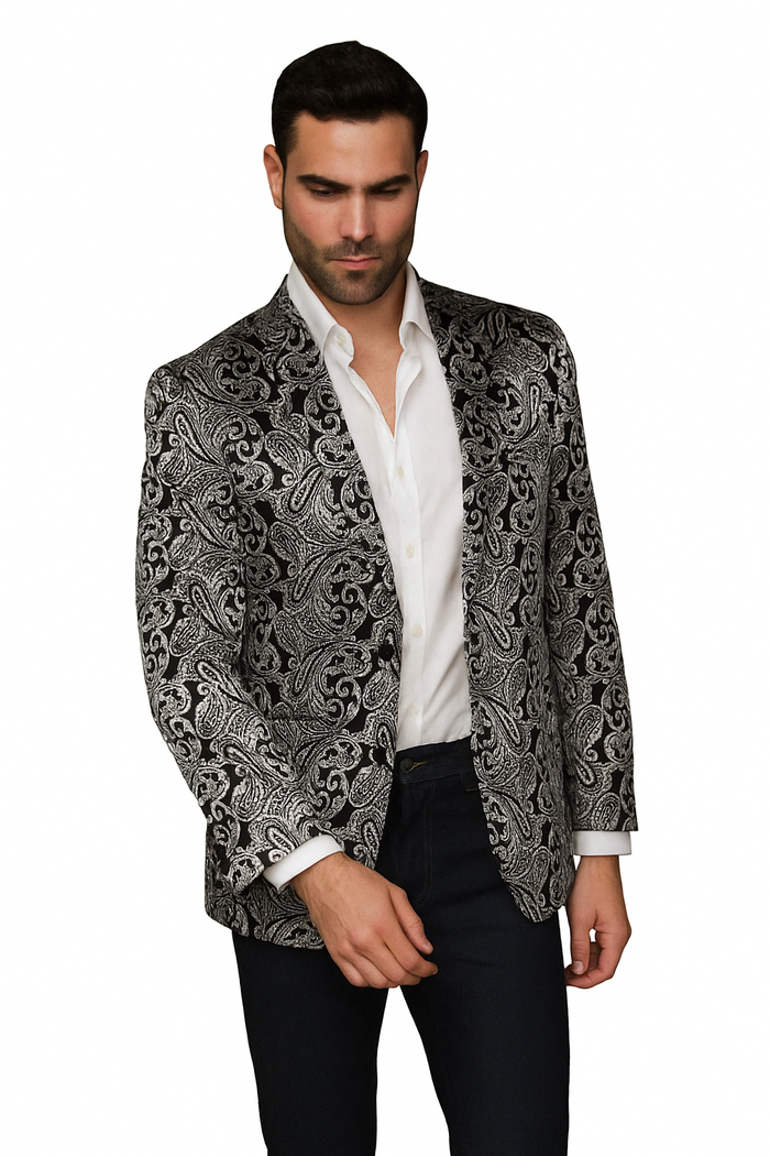 Alberto Nardoni Paisley Floral Tuxedo Matching Fashion Bow Tie Sport Coat Silver Gray Grey