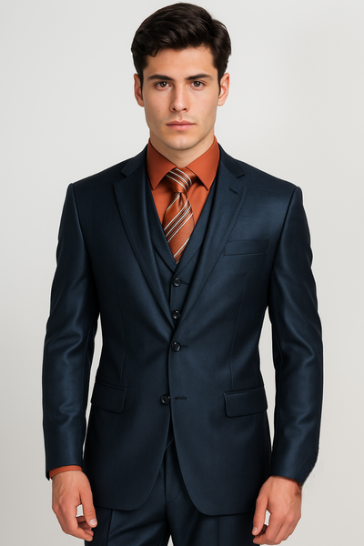 Men's 3 Piece Sharkskin Suit Flat Front Pants Shiny Flashy Satin Silky Metallic Blue