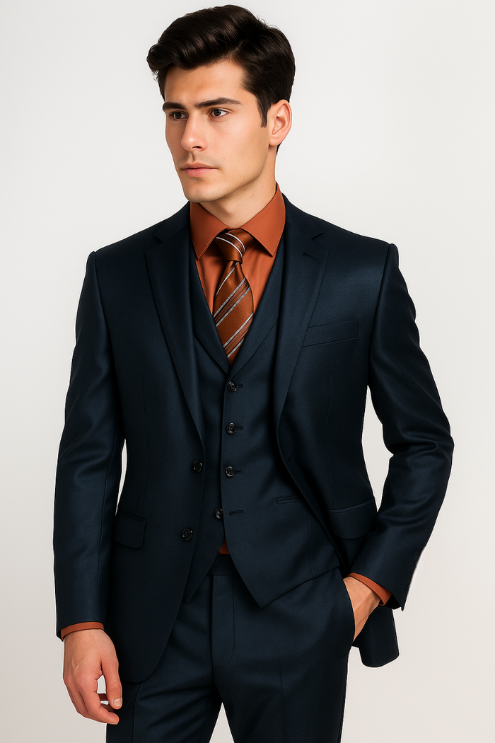 Men's 3 Piece Sharkskin Suit Flat Front Pants Shiny Flashy Satin Silky Metallic Blue
