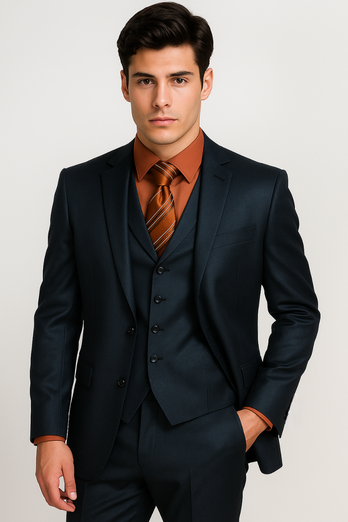Men's 3 Piece Sharkskin Suit Flat Front Pants Shiny Flashy Satin Silky Metallic Blue