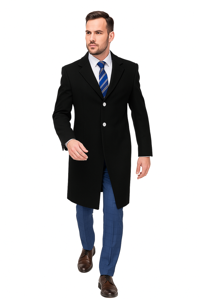 Classic Black Overcoat for Men – Wool Blend Modern Fit with Two Buttons