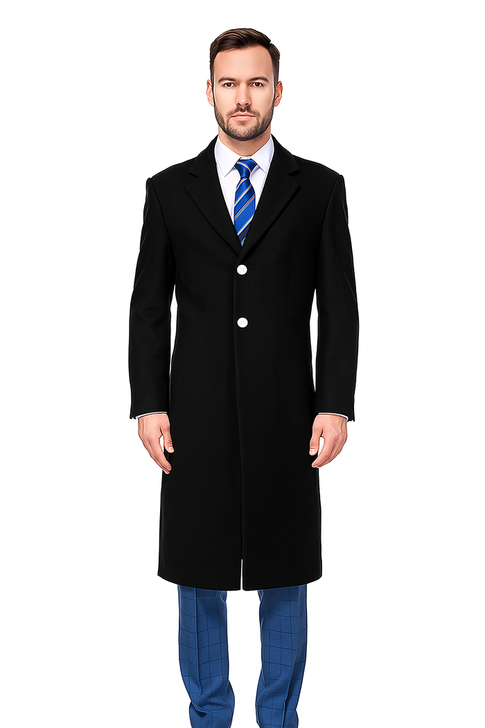 Classic Black Overcoat for Men – Wool Blend Modern Fit with Two Buttons
