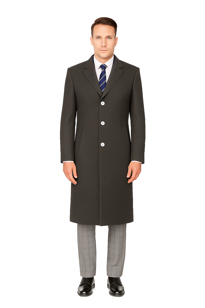 Classic Charcoal Overcoat for Men – Wool Blend Solid Pattern Modern Design