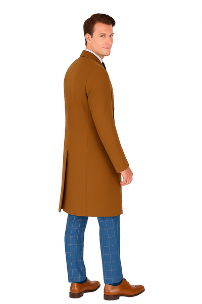 Mens Caramel Wool Blend Overcoat – Modern Fit Solid Pattern Classic Style