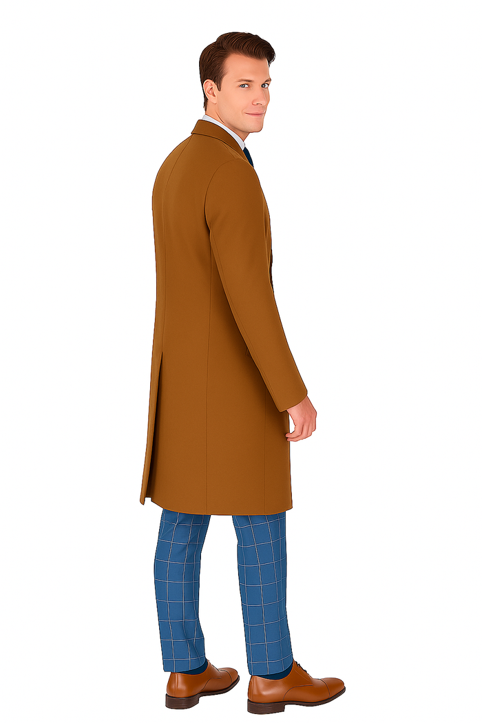 Mens Caramel Wool Blend Overcoat – Modern Fit Solid Pattern Classic Style