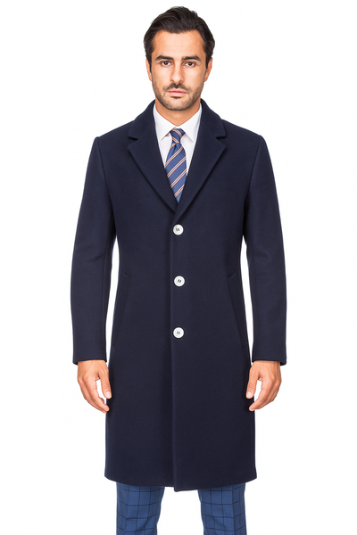Stylish Navy Overcoat for Men – Solid Wool Blend with Sleek Fit