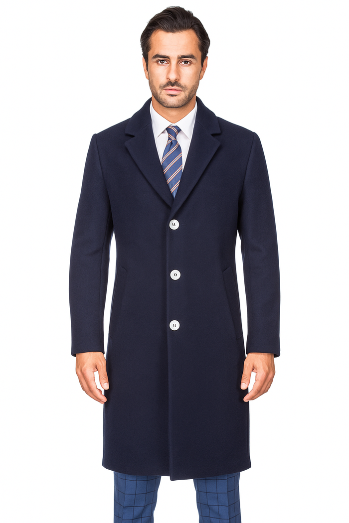 Stylish Navy Overcoat for Men – Solid Wool Blend with Sleek Fit