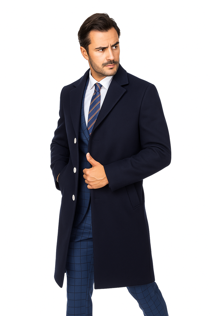Stylish Navy Overcoat for Men – Solid Wool Blend with Sleek Fit