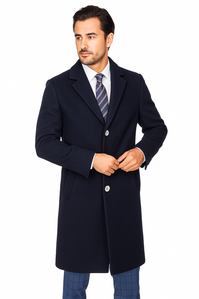 Stylish Navy Overcoat for Men – Solid Wool Blend with Sleek Fit