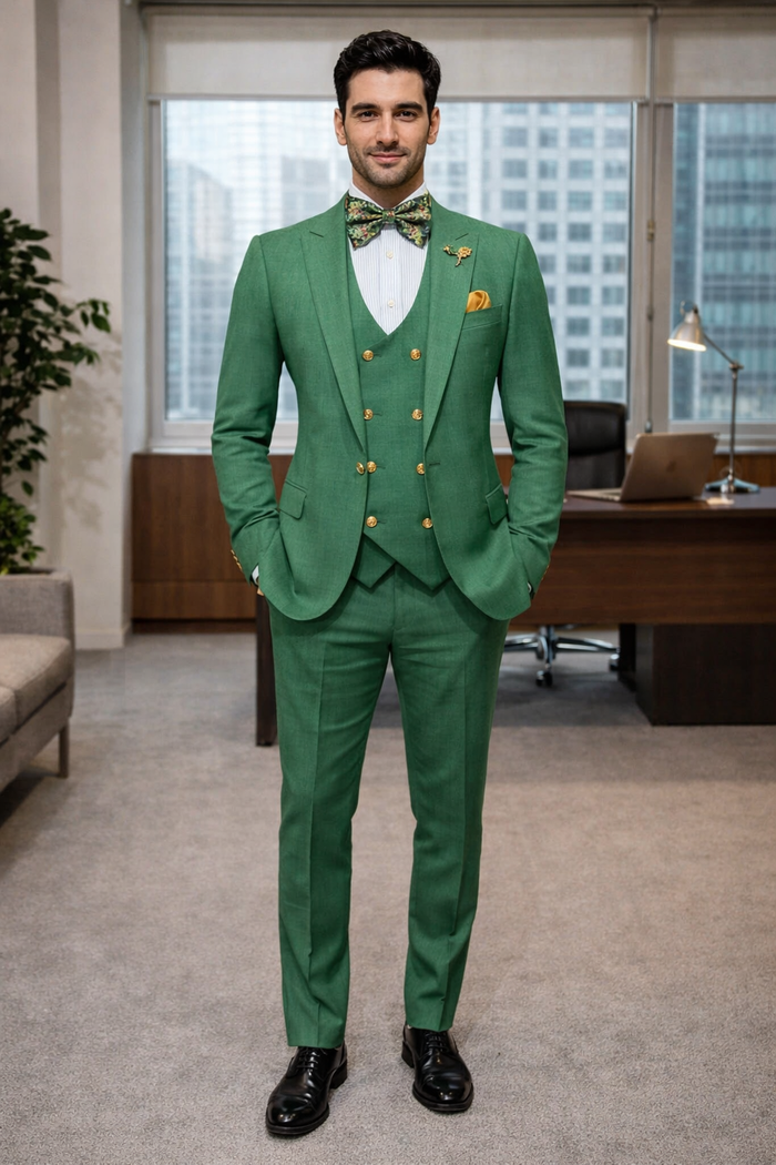 Rossiman Green Slim Fit Suit with Vest