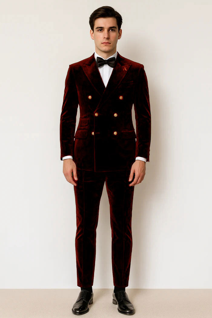 Mens Velvet Suit - Slim Fit Double Breasted Suit Blazer and Pants - Green