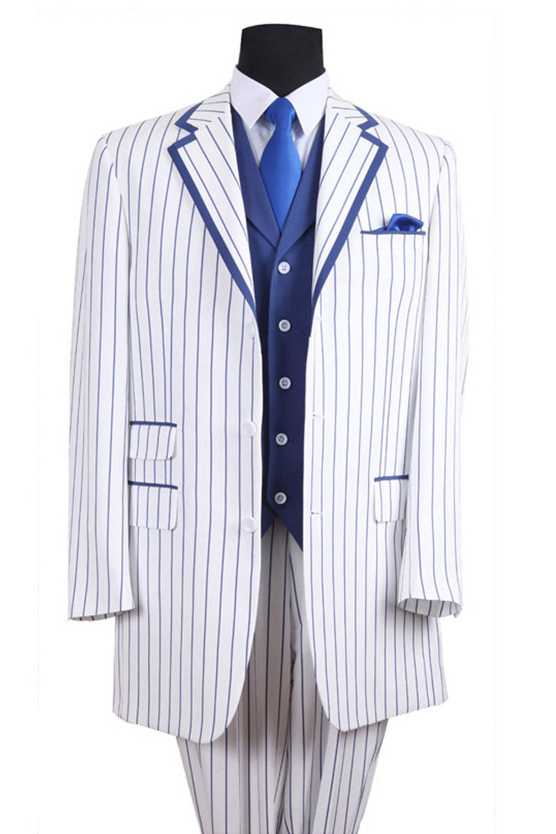 Vested Contrast Stripe Suit in White and Blue