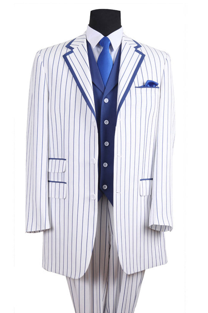 Vested Contrast Stripe Suit in White and Blue