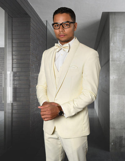 Ivory Shawl Lapel Vested Tuxedo with Satin Trim