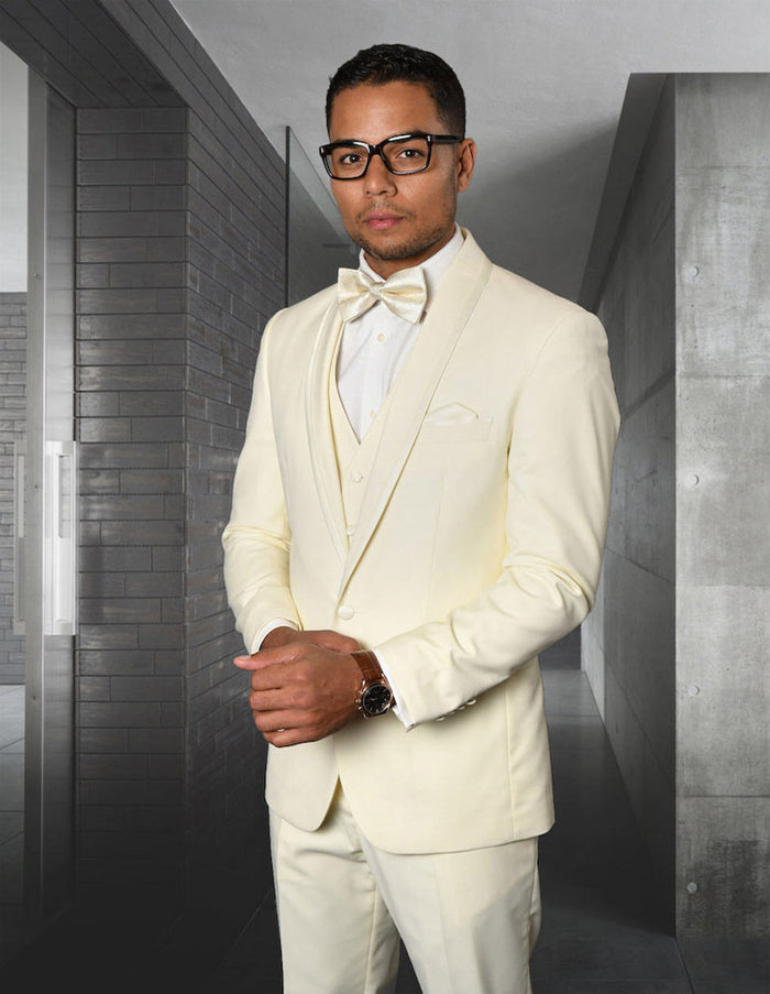 Ivory Shawl Lapel Vested Tuxedo with Satin Trim