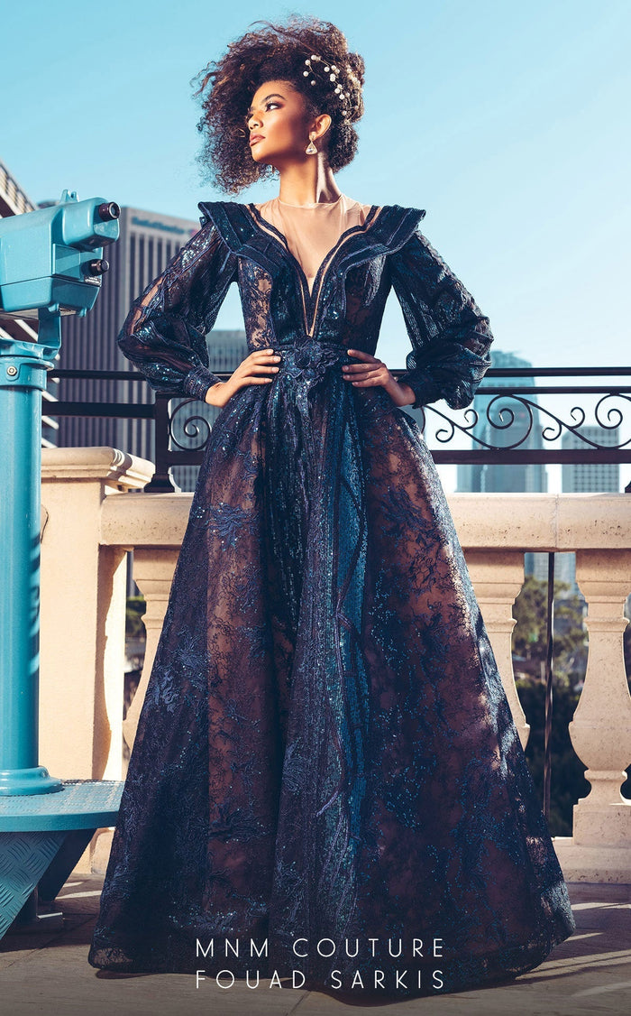 MNM Couture 2522 Navy Blue Sequin Ball Gown with Sheer Sleeves