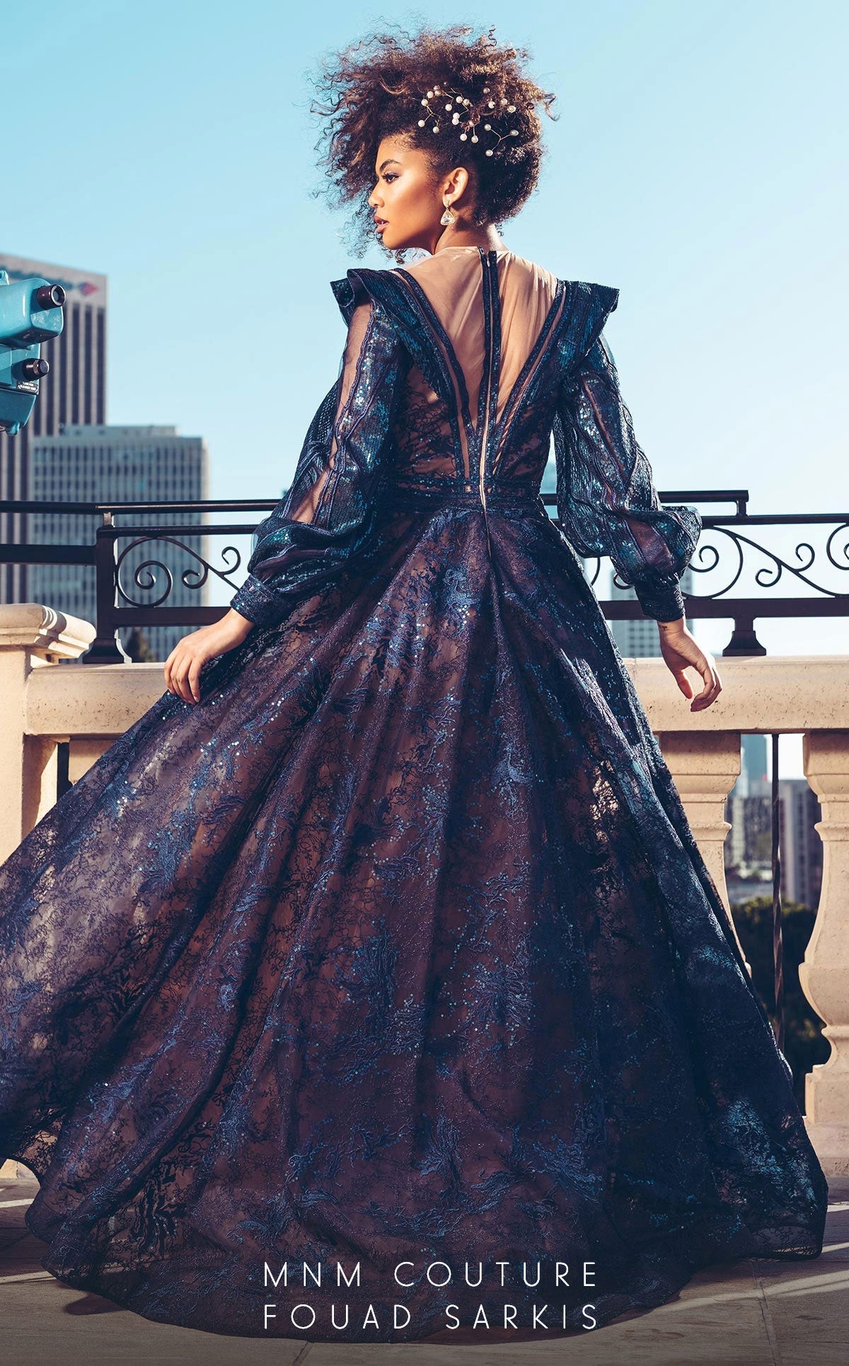 MNM Couture 2522 Navy Blue Sequin Ball Gown with Sheer Sleeves